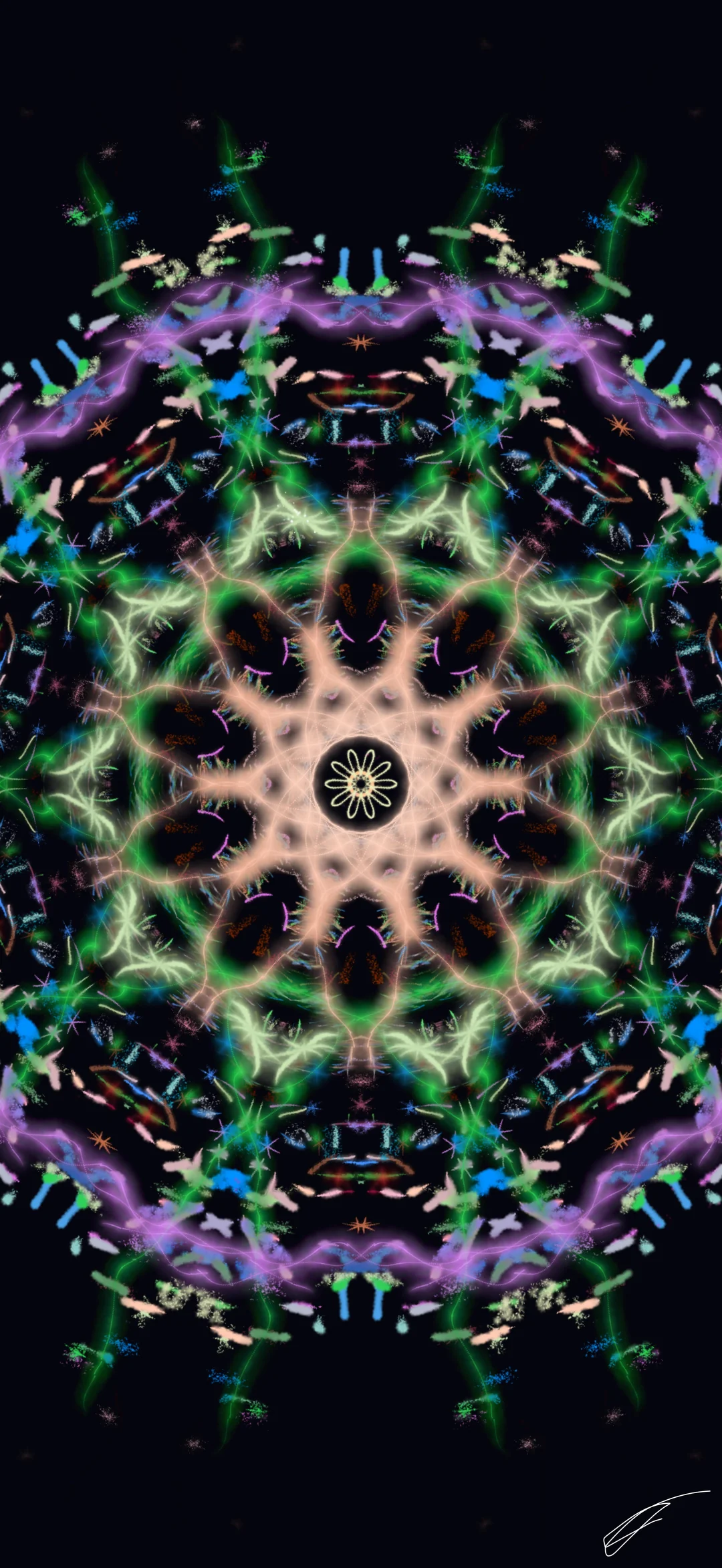 Calming multilayered mandala with green and purple hues