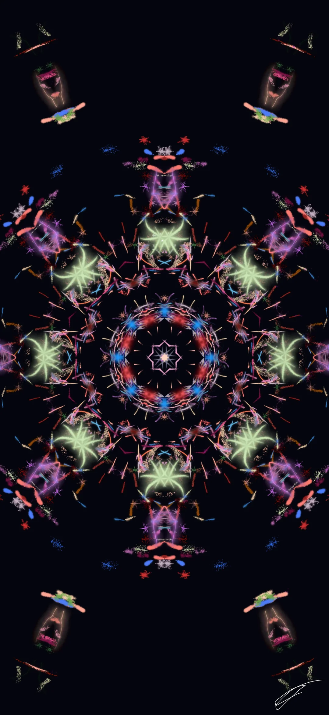 Kaleidoscope 8-fold symmetry with neon green and purple