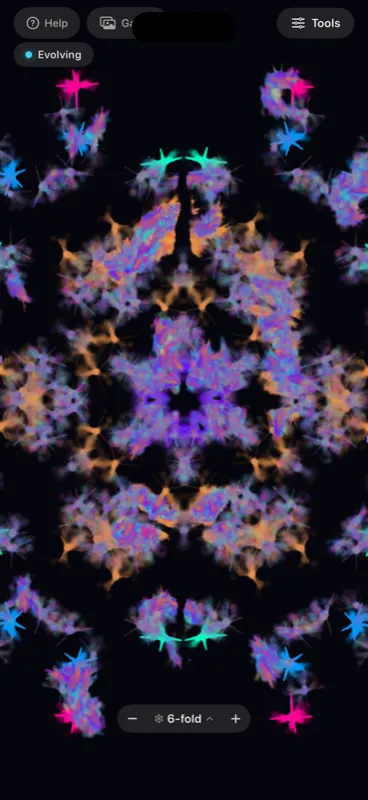 Kaleidoscope artwork with purple, orange and cyan patterns